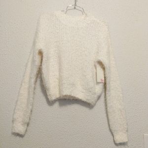 SO White Crew Drop Shoulder Fuzzy Pull Over Knit Sweater sz XS